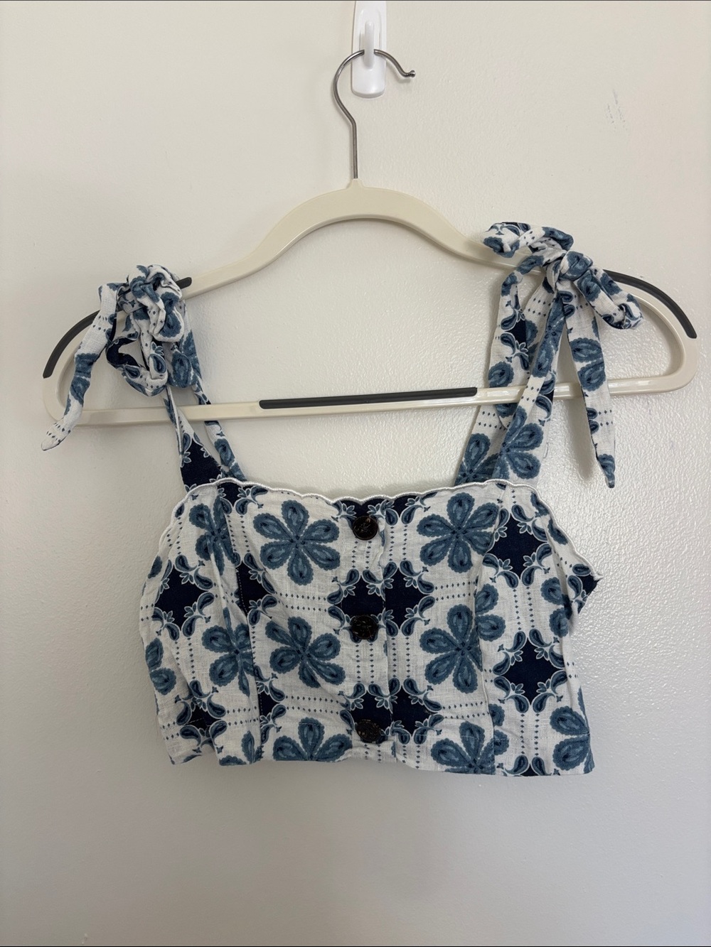 Agua Bendita for Target Blue and White Floral Tie-Shoulder Cropped Top